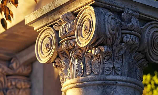 Intricate stone column capital, classical design, sunlight highlights intricate carvings