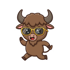 Obraz premium cute icon character buffalo wearing sunglasses.