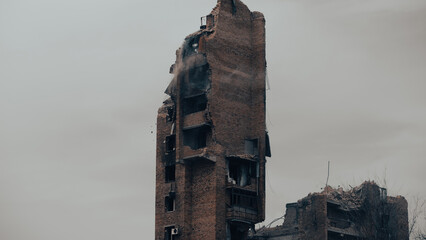 ruined street and destroyed houses the city war in Ukrain