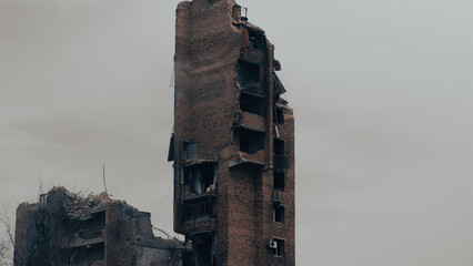 ruined street and destroyed houses the city war in Ukrain