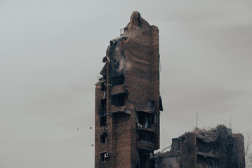 ruined street and destroyed houses the city war in Ukrain