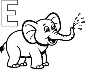 E for Elephant Coloring Page, A cheerful elephant spraying water from its trunk.