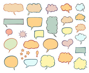 collection of hand-drawn, multicolored speech and thought bubbles, various shapes and sizes, including ovals, rectangles, clouds, and stars