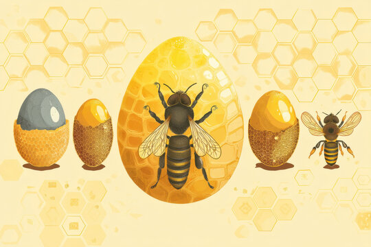 Infographic of bee life cycle from egg to worker bee honeycomb background shows growth