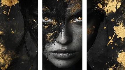 Wanddecoratie Zwart goud Dramatic Woman Portrait Black Gold Glitter Artistic Triptych Canvas Print Wall Art  © lolipop
