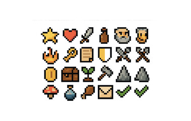 Fototapeta premium Pixel art icons of objects and symbols in a retro game style