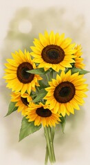 Watercolor Sunflower Bouquet Illustration Floral Summer Garden Blooms