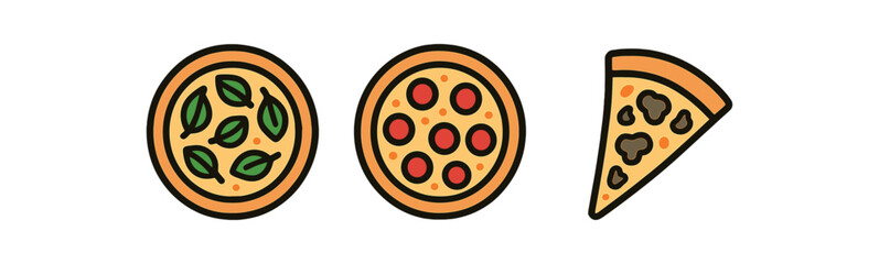 Fototapeta premium Three cartoon pizzas: basil, pepperoni, and mushroom slice icons on gradient background