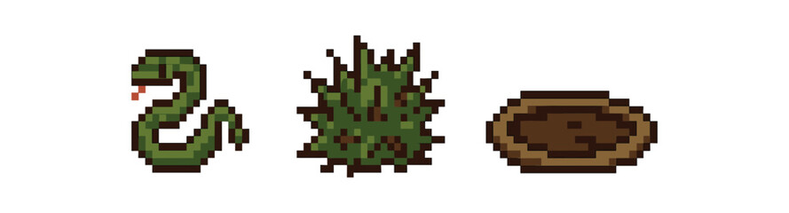 Fototapeta premium Pixel art of snake, bush, and mud puddle in a simplistic design