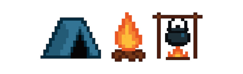 Pixel art tent, campfire, and hanging pot - retro camping symbols