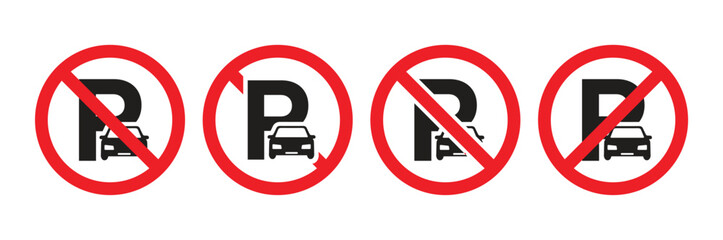 No parking sign. no parking anytime sign with red circle and label. A no parking sign with a red crossed-out 'P' red circle. traffic parking ban sign. vector illustration.