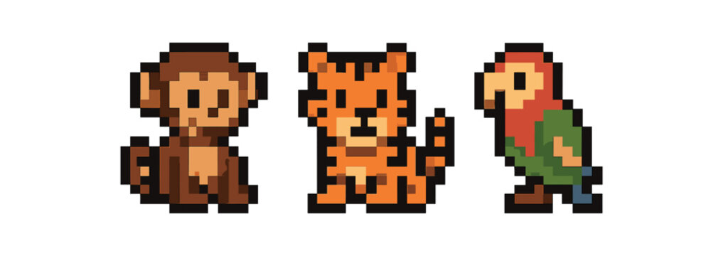 Pixelated animals: monkey, tiger, parrot pixel art for retro gaming
