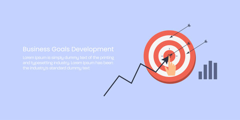 Arrow hitting the mark and lifting growth, measurable progress towards business objective and achieving goals.