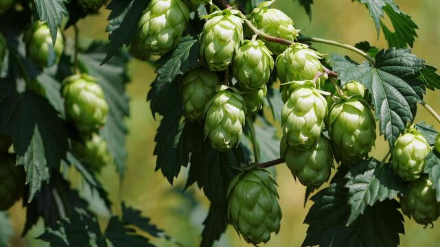 Close-up Ripe Green Hops Cones on Vine - Beer Brewing Ingredient