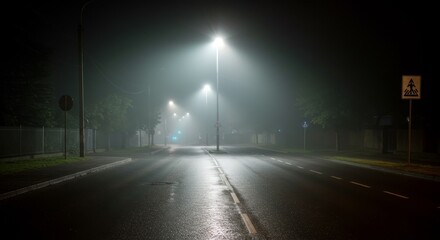 Wet Asphalt Street with Streetlights at Night in a Misty City