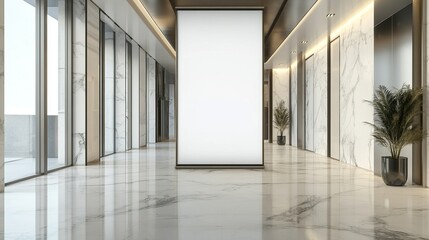 Fototapeta premium Modern Marble Hallway Interior Design with Large Blank Panel and Glass Windows