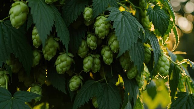 lose-up Ripe Green Hops Cones on Vine - Beer Brewing Ingredient. God rays, sunlight in golden hour