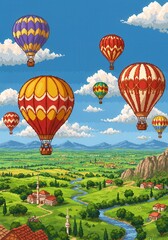 Fototapeta premium Hot air balloons over Turkish landscape, pixel art