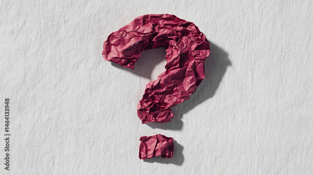 Poster crumpled red paper forms question mark on white background, symbolizing uncertainty or inquiry, suit