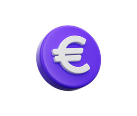 3D Purple icon with white Euro symbol, representing European currency. 3d illustration