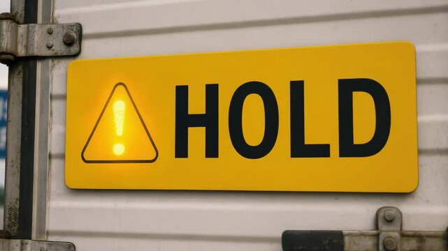 Yellow warning sign hold caution alert safety message on metal container door near customs terminal for shipment delays and trade barriers