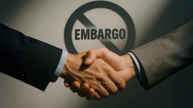 Handshake between business partners with embargo sign symbolizing trade barriers, restrictions, and cooperation in agreement and partnership