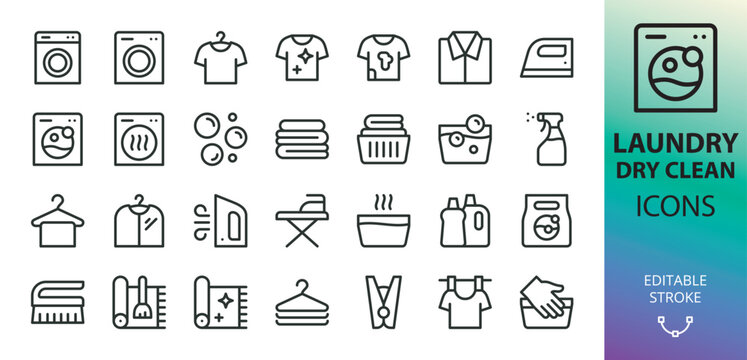 Laundry, dry cleaning icons set. Set of washing machine, ironing, drying clothes, carpet cleaning, washing powder, clothespin vector icon with editable stroke