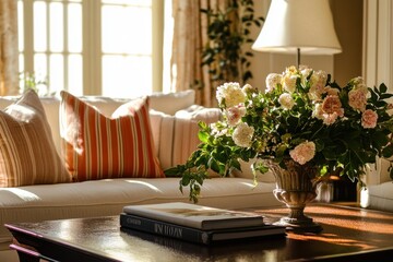 Elegant but warm interior with coffee table centerpiece and indoor foliage