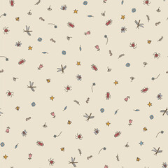 Seamless pattern with hand-drawn small bugs on a muted beige background