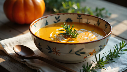 Creamy pumpkin soup garnished with rosemary and served in a bowl