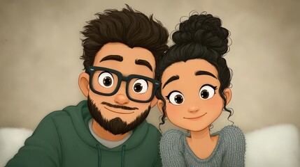 Fototapeta premium Cheerful young couple capturing a joyful selfie together in a cozy setting with warm colors and casual attire creating a fun and intimate atmosphere expressing happiness and connection