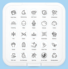 Fototapeta na wymiar Set icons for wet wipes packaging. This icons shows main benefits of wet wipes.Vector elements are good for different backgrounds, well scalable and editable. EPS10.