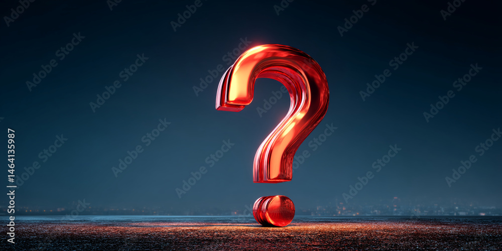 Poster red metallic question mark on dark background, symbolic of inquiry, uncertainty, and the search for 
