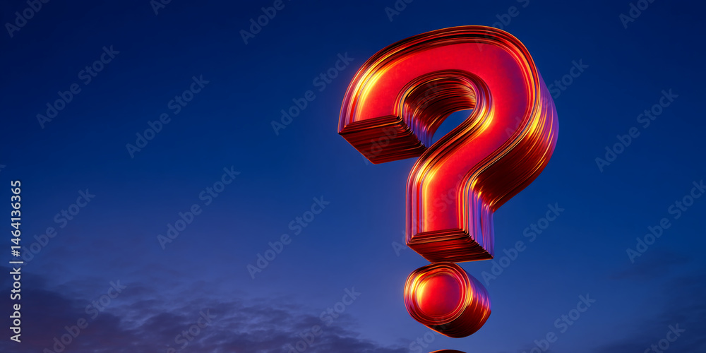Poster red metallic question mark against a twilight sky, symbolizing inquiry, uncertainty, or the search f