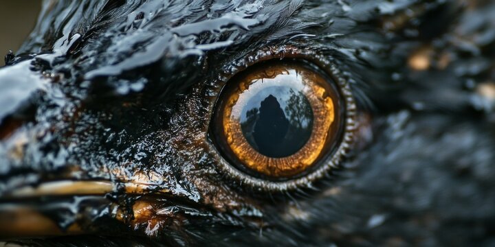 A striking close-up of a bird eye showcases intricate details. The glossy feathers and vibrant iris draw the viewer in. Perfect for nature enthusiasts and wildlife photography. AI