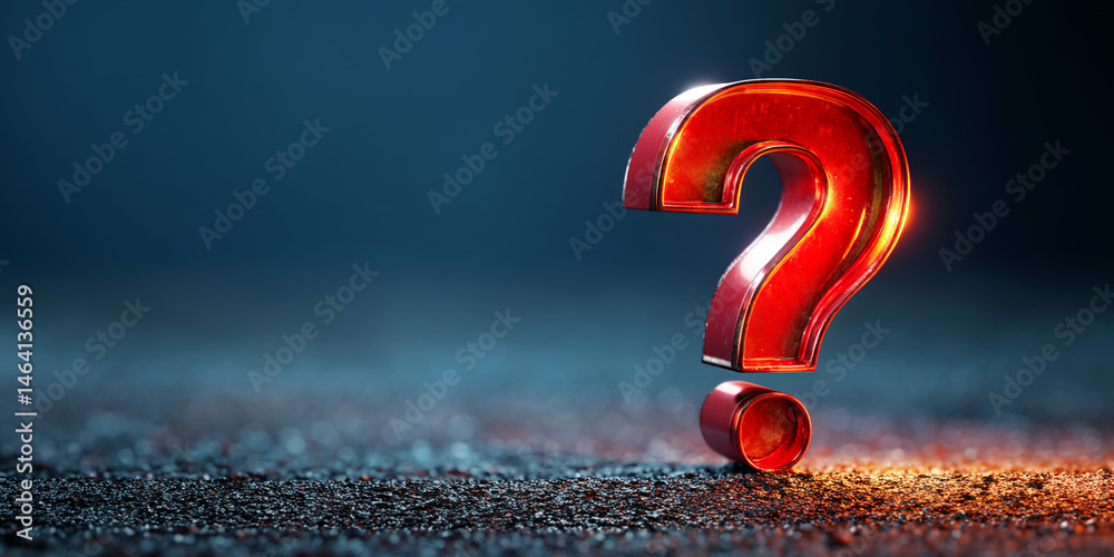 Poster red metallic question mark on dark background, glowing subtly. represents inquiry, uncertainty, or t