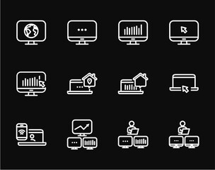 Remote Work Line Icons . Freelancer Work from Home, Video Call, Online Meeting, Teleconference Vector Set