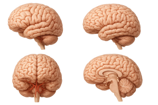 Four views of a human brain, showcasing different angles and structures, including the cerebral hemispheres and brainstem. Concept Human Brain Anatomy, Cerebral Hemispheres, Brainstem Structure