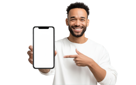 Happy smiling man showing blank smartphone screen modern technology app presentation joyful young adult on transparent background