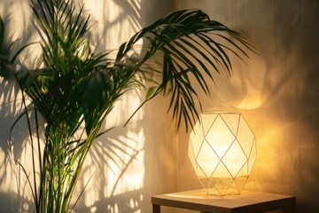 Elegant geometric lamp in serene space with fresh indoor palm