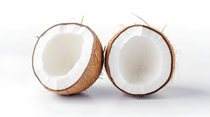 Fresh Coconut Cracked Open Revealing White Flesh and Fibrous Shell on White