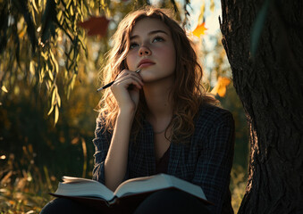 A girl sitting under a willow tree journaling in light for a serene and reflective outdoor storytelling moment