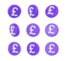 3D Purple coins with white Pound symbol, representing British currency and finance. 3d illustration
