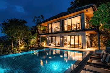 Fototapeta premium Elegant modern villa surrounded by nature, deep blue night, pool light shimmering