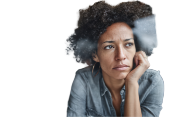Thoughtful woman pensive portrait serious expression contemplative mood relaxed pose casual style indoor on transparent background