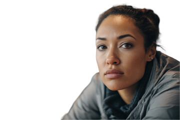 Portrait of a young woman with serious expression wearing a gray jacket against a face eyes hair skin on transparent background