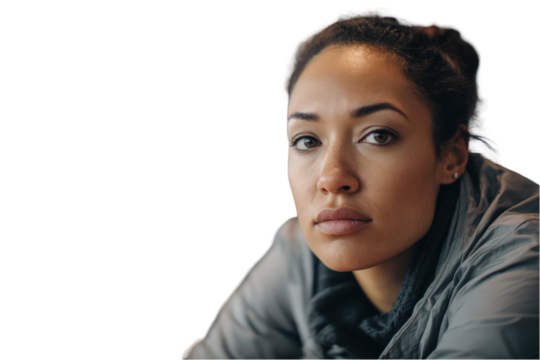 Portrait of a young woman with serious expression wearing a gray jacket against a face eyes hair skin on transparent background - Powered by Adobe