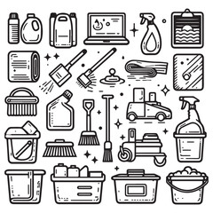 set of vector clip art elements of cleaning supplies and equipment