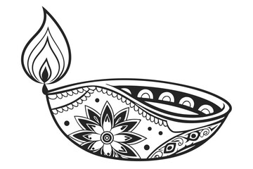 1 Black and white illustration, ornate diya lamp, Hindu festival symbol, decorative flame, intricate floral patterns, symmetrical design, mandala-inspired, traditional Indian art, religious icon, Diwa