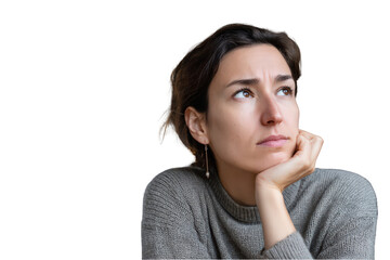 Fototapeta premium Thoughtful young woman in grey sweater looking upward pensive portrait against art face eyes hair girl on transparent background